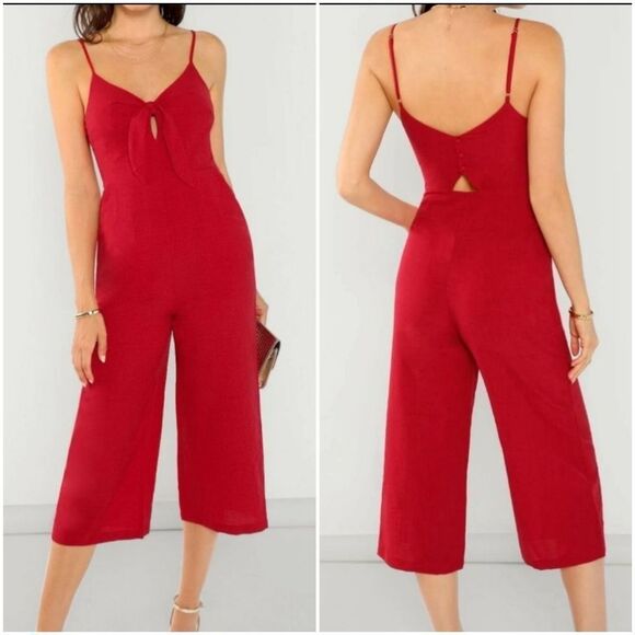 🔸️Red Cutout Tie Front Culotte Sleeveless Jumpsuit XSmall - Picture 2 of 15